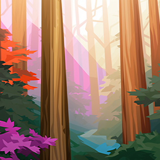 Stylized illustration of a sunlit forest with tall trees and colorful foliage in shades of green, orange, and purple