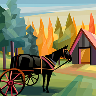 Graphic illustration of a horse-drawn carriage near a barn with a backdrop of autumn-colored trees in a stylized rural landscape