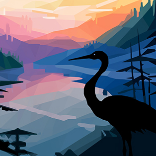 Graphic illustration of a heron in silhouette against a layered backdrop of mountains, trees, and a lake at dusk with a gradient sky