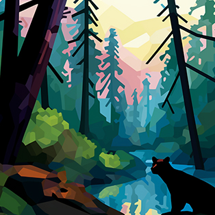 Vibrant geometric illustration of a bear in a forest with a river, with the sun setting in the background amidst tall trees