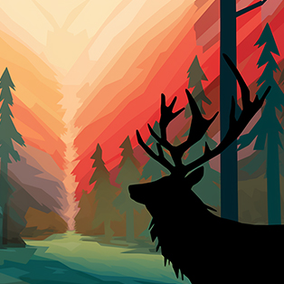 Stylized illustration of an elk silhouette with a radiant sunset in the background, amidst a forest of tall pine trees