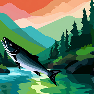 Stylized illustration of a leaping salmon with a backdrop of a colorful sunset and pine forest along a river