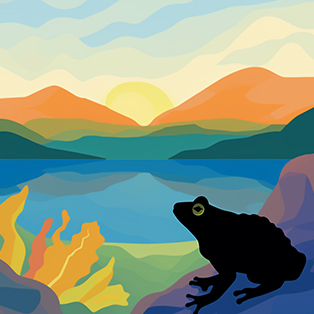 Graphic illustration of a frog silhouette in the foreground with a layered landscape of hills, a calm lake, and a pastel sunset sky in the background